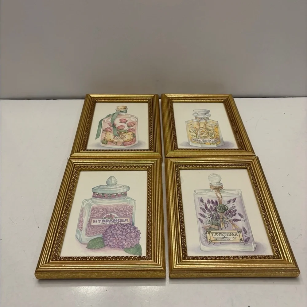 4 PC SET of FRAMED ART PRINTS - Bottles with Aroma/ bath oils